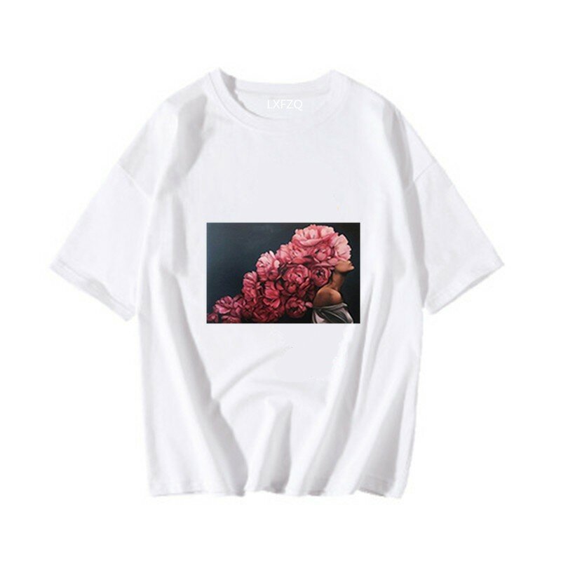 Harajuku — T-shirt à manches courtes à col rond pour femme, à la mode avec impression de pétales de fleurs, décontracté et esthétique