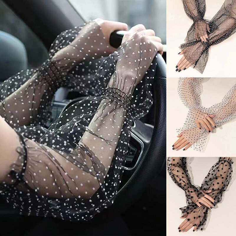 Summer Lace Sunscreen Sleeve Women Mesh Flocking Point Arm Warmers Gloves UV Thin Breathable Loose Cool Long Driving Oversleeves