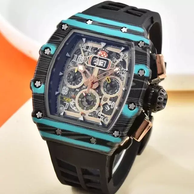 Top Luxury Mechanical Style Men's Watch Waterproof 6 Needle Run Second Watches Wine Barrel Shaped Richard Quartz Watch