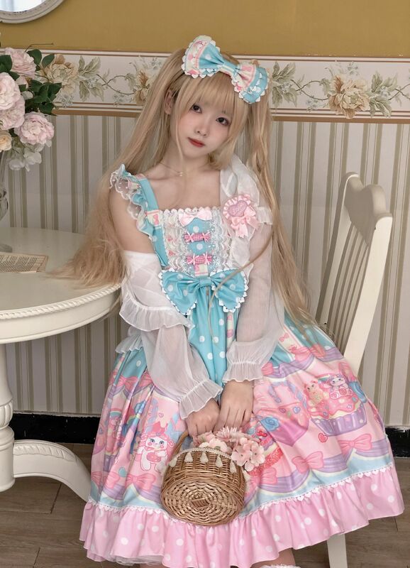 Sweet Lolita JSK Strap Dress para Mulheres, Sobremesa Doll House, Vestidos de Festa Kawaii, Suspensórios, Japonês, Verão