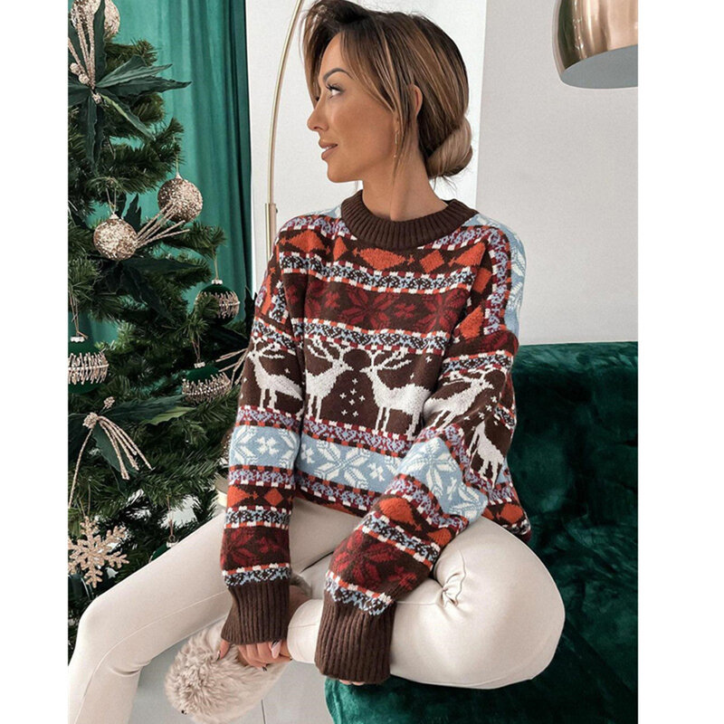 Jersey de punto de alce para mujer, suéter cálido étnico, suelto, moda de otoño e invierno