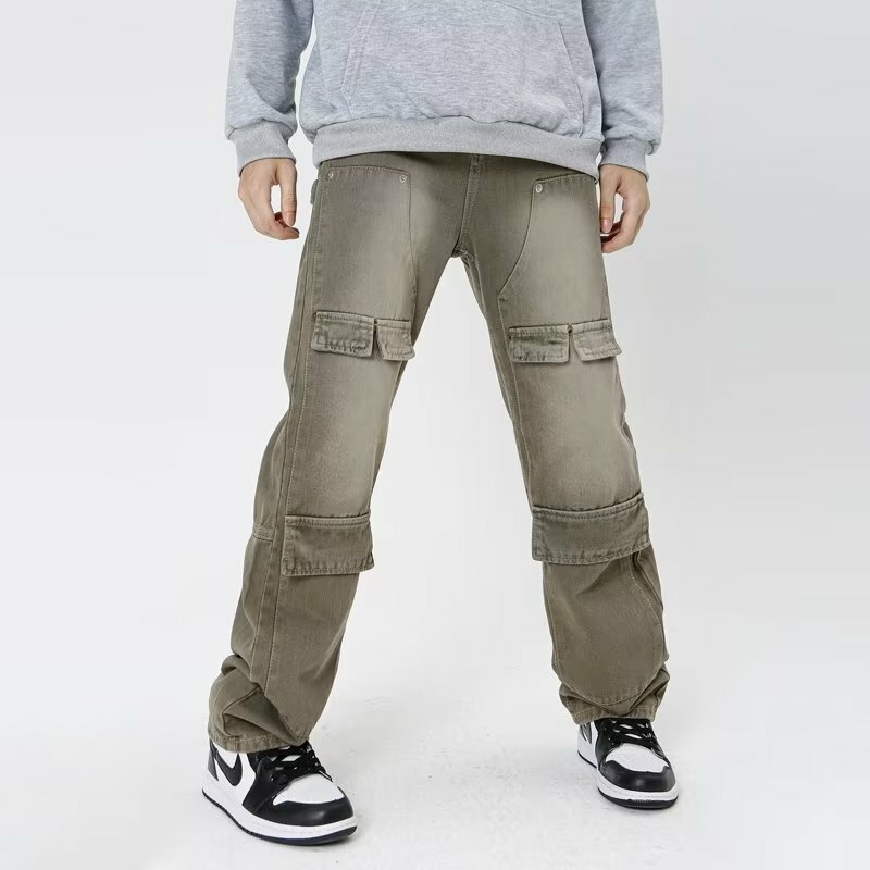 Vintage high street Distressed Multi-Pocket Washed trend pantaloni larghi a gamba dritta streetwear Jeans Hip Hop per uomo o donna 5045