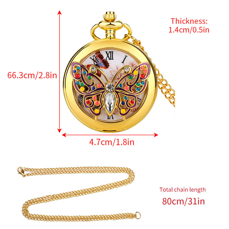 Luxo ouro borboleta cristal diamante-incrustado relógio de bolso de quartzo elegante feminino retro fob corrente relógio charme pingente corrente