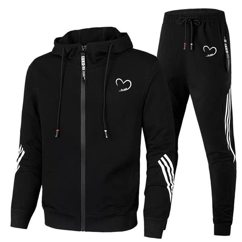Men's hooded sportswear and zipper, 2-piece set, fashionable, autumn/winter, training, jogging, sports