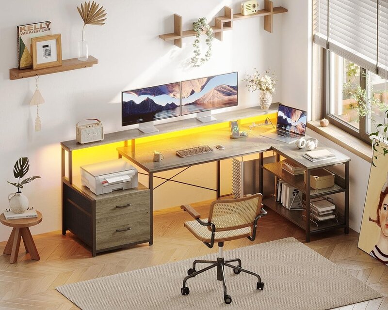 ODK-L Shaped Office Desk com gaveta de arquivo, mesa do computador reversível com tomada, tira LED, armazenamento, 66"