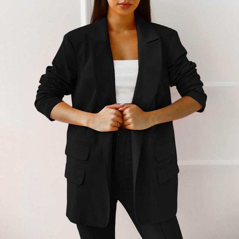 Outono fino feminino blazer mangas compridas bolsos com aba cor sólida solto trabalho de escritório lapela ponto aberto cardigan blazers outerwear