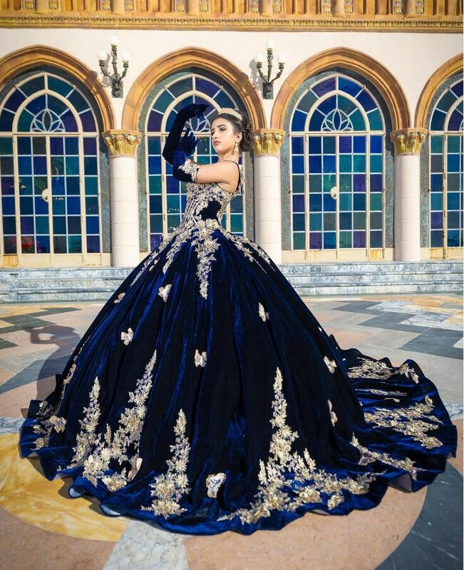 Azul marinho Princesa Quinceanera Vestidos com luvas e Applique Borboleta, Lace Up Boning Prom Dresses, 2024