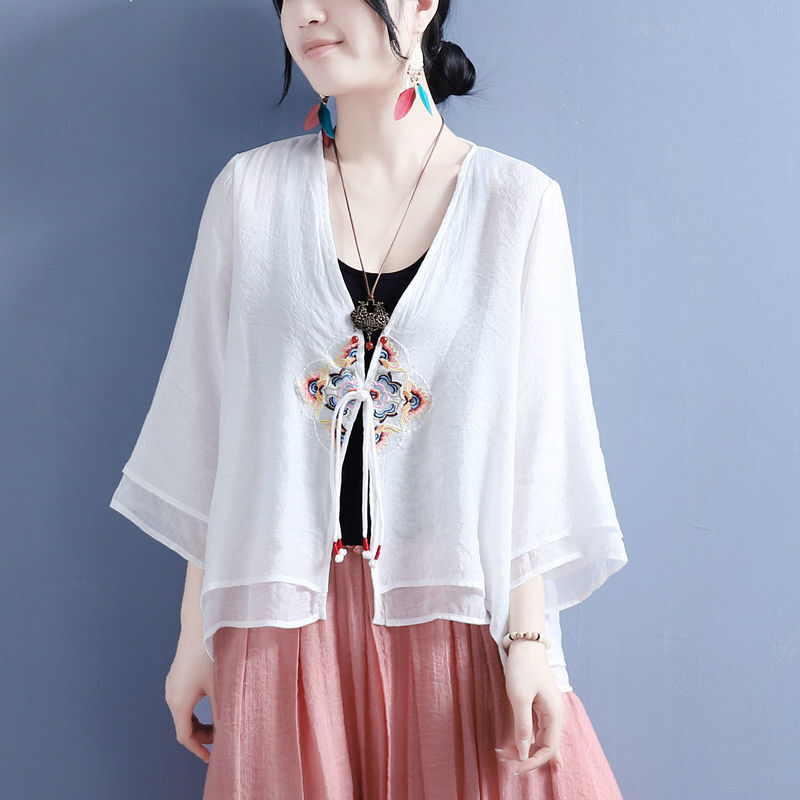 Женский костюм Тан в стиле ретро, хлопковая рубашка с вышивкой и узлом на пуговицах, женское модное платье, китайский чай дзен, Свободный Топ с V-образным вырезом, весна 2024