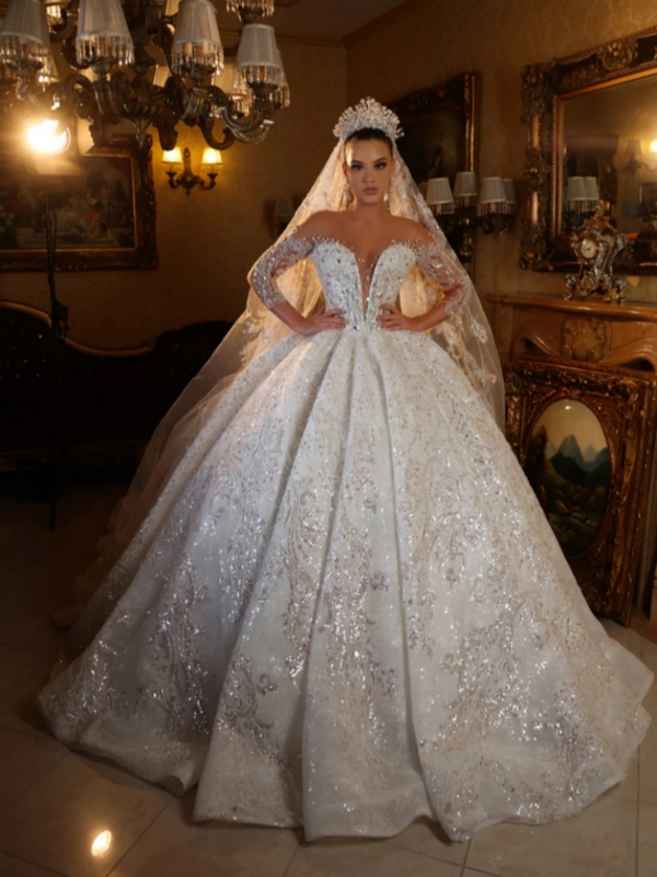 Abito da sposa con maniche a quarto di scollo a o di lusso abito da sposa con paillettes scintillanti abito da ballo classico abito da sposa lungo Vestidos De Novia 2024