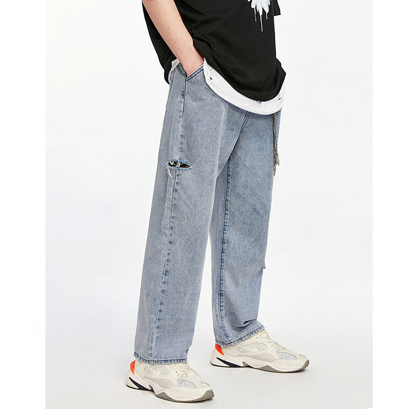 メンズジーンズストリートファッション学生青年韓国ルーズトレンド穴ワイド脚ストレートジーンズメンズだぶだぶのジーンズ