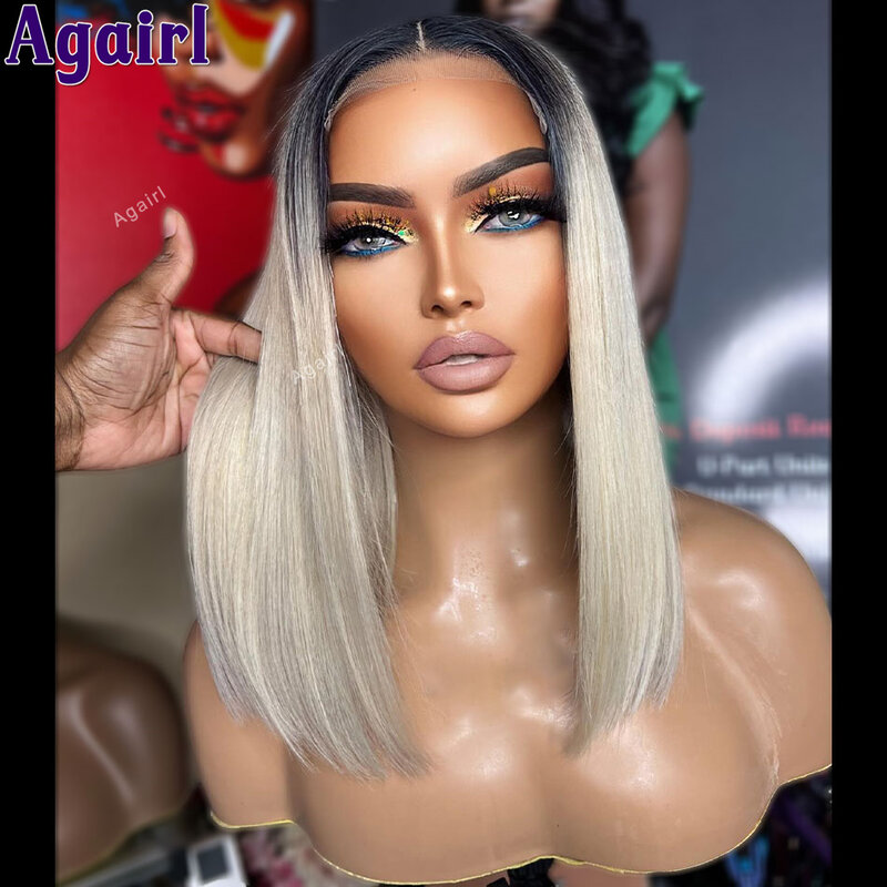 Ombre Ink Blonde Colored Bob Human Hair Wigs 13X4 Transparent Lace Frontal Bob Wigs 180% Straight Short Bob Wigs For Black Women