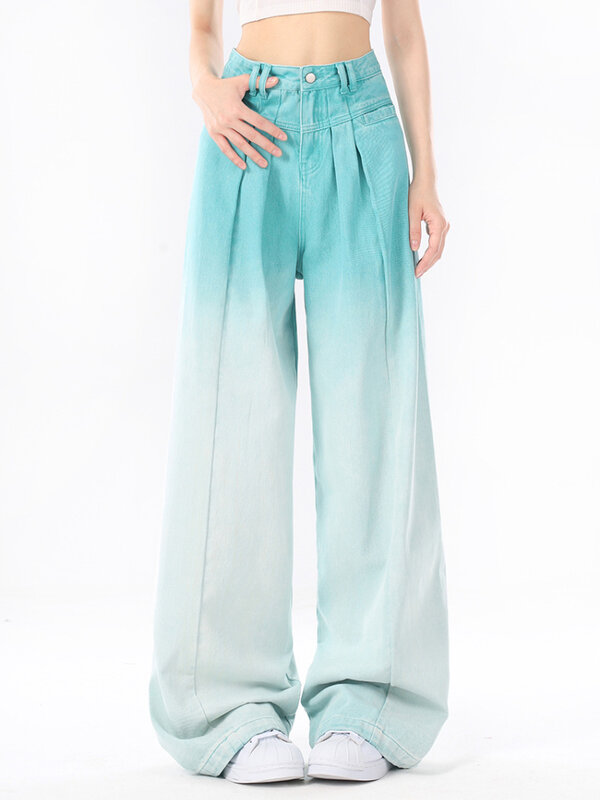 กางเกงเอวสูงสีมิ้นท์ผู้หญิงเอวสูง2024มิ้นท์ฟอกสีวินเทจความยาวพื้นแฟชั่นกางเกงยีนส์ไฮสตรีทยีนส์แฟชั่น