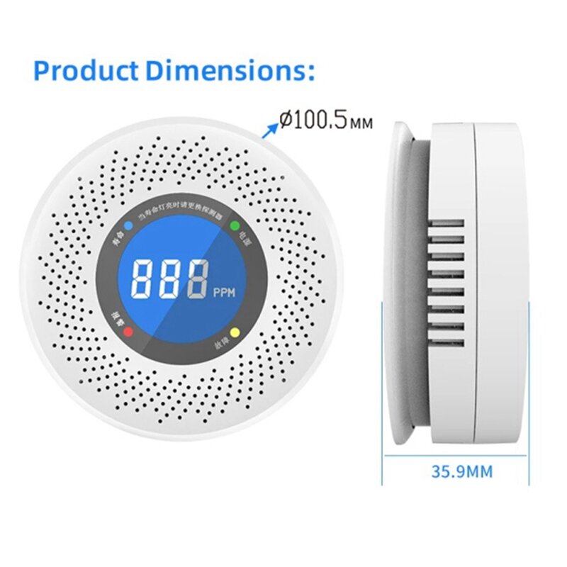 Monóxido de carbono Standalone Detector, CO Alarme com tela de exibição, Alimentado por pilhas, Plástico branco, Casa, Cozinha, Escritório, 1 Pc