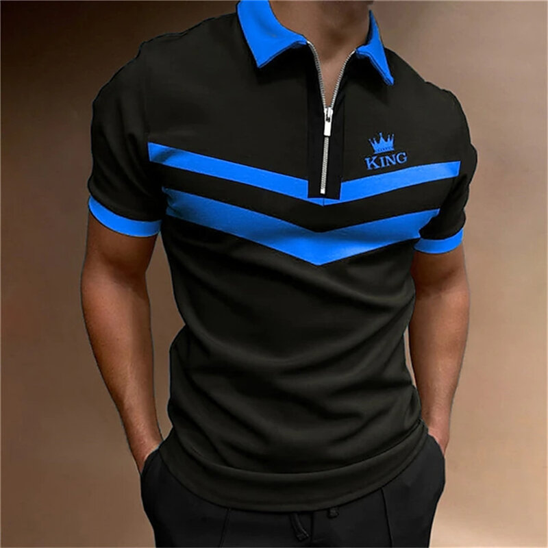 Kaus Polo Golf pria motif King, pakaian Golf Pullover ritsleting lengan pendek Turndown kualitas tinggi