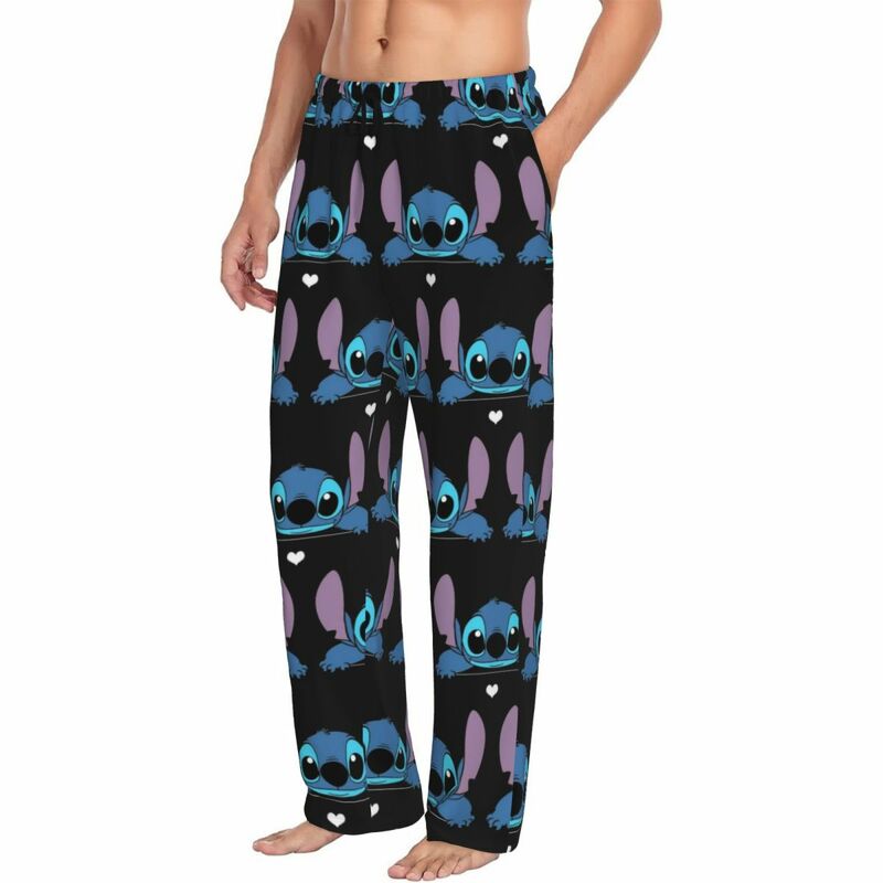 Custom Print Cartoon Animation Stitch Pajama Pants for Men Sleep Sleepwear Bottoms with Pockets