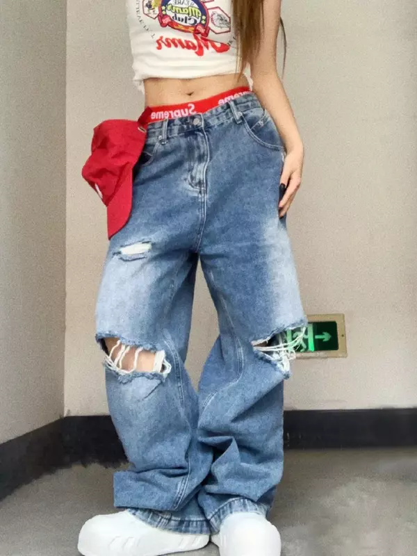 Jeans Sobek untuk Wanita Jeans Lurus Longgar Ramping Lebar Kaki Jeans Pinggang Rendah Jeans Biru Streetwear Tebal untuk Wanita Celana Lowrise Y2k
