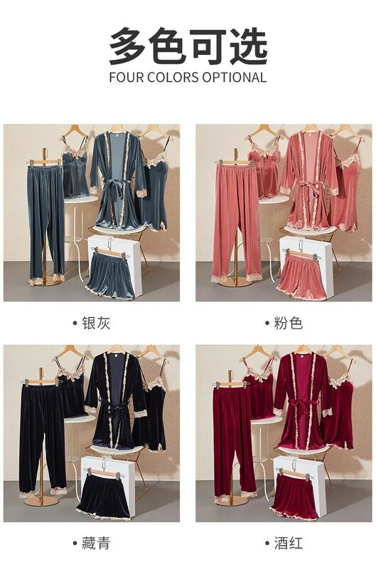 2024 neue Hop Golden Velvet Pyjamas für Frauen im Herbst und Winter Version von Pyjamas fünfteiliges Set mit Brust polstern Pyjama-Sets