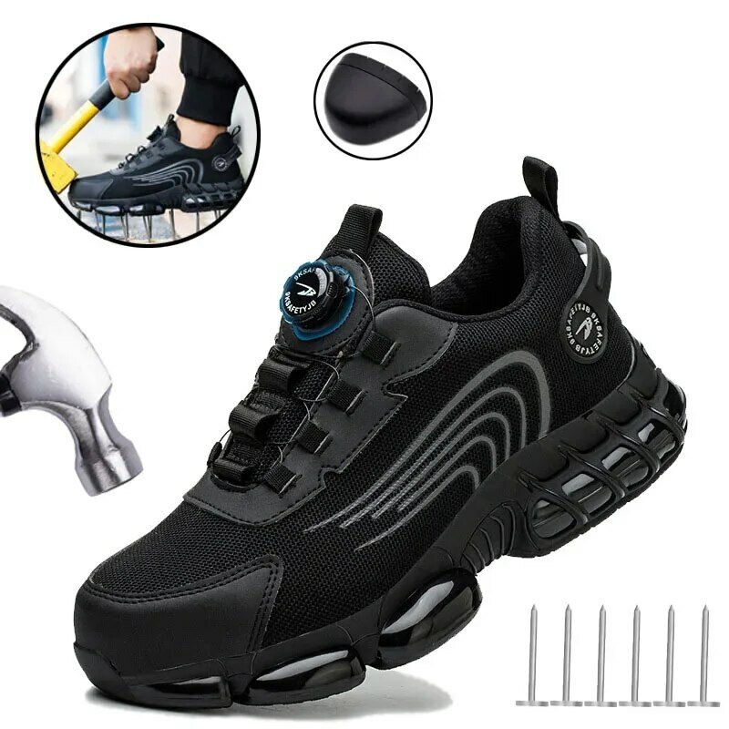 Sapatos de segurança masculinos com botões rotativas, Sapatos esportivos de trabalho, Botas de proteção, Sapatos de aço Parker, Sapatos casuais