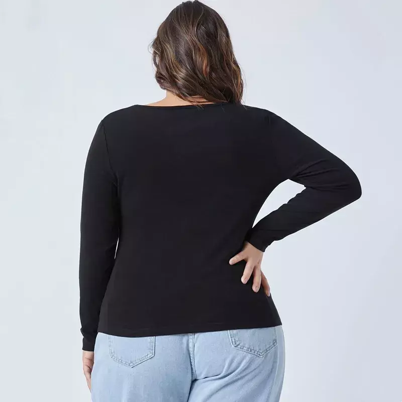 Plus Size collo quadrato primavera autunno elegante Top donna manica lunga guaina nera camicetta femminile di grandi dimensioni Sexy T Shirt 5XL 6XL 7XL