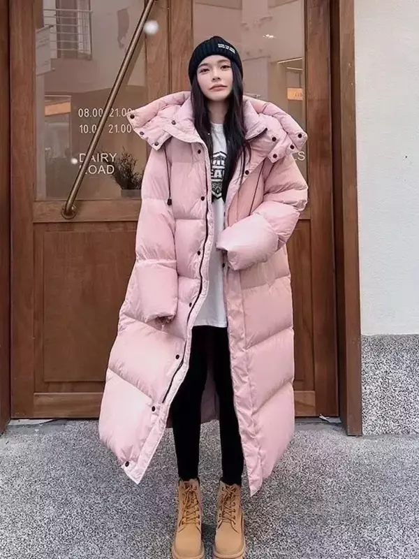 V&E 2023 Winter Warm Pink Hooded Long ParkaS Chaqueta Thick Windproof Overcoat Casual Snow Wear Cotton Padded Women Jaqueta New