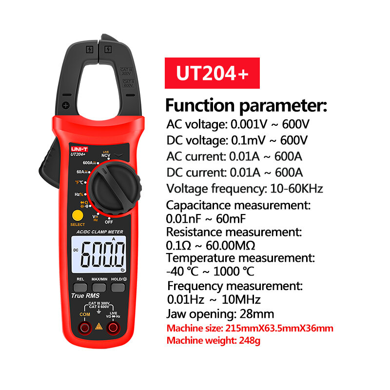 UNI T UNI-T UT202A+ UT204+ Digital AC DC Voltage Clamp Meter Multimeter True RMS 400-600A Auto Range Voltmeter Resistance Test