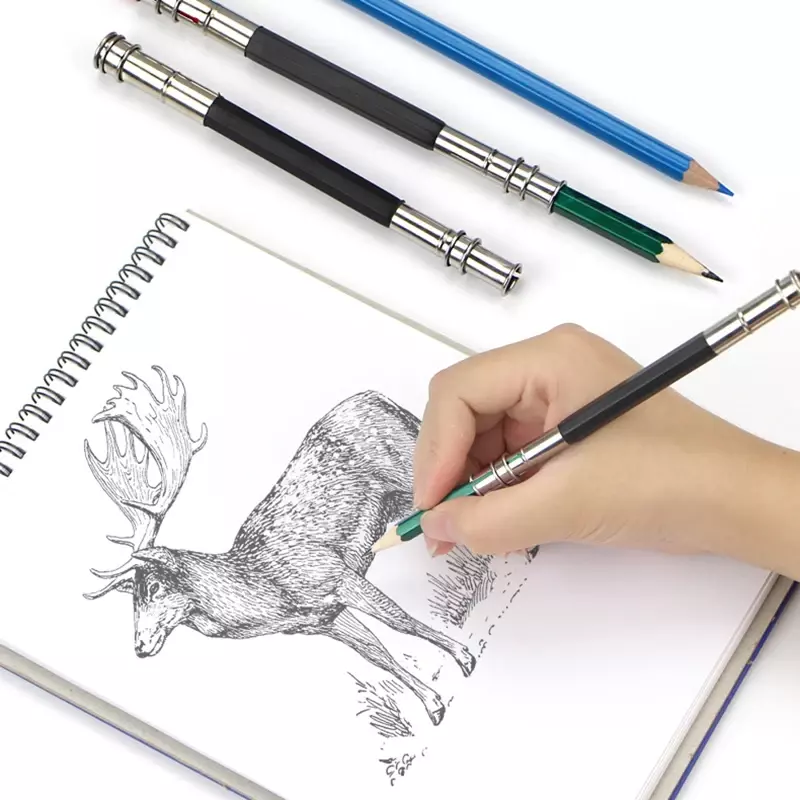 Pemegang ekstender pensil kepala ganda, alat menulis Seni Lukisan Sekolah sketsa kepala ganda/tunggal dapat disesuaikan untuk menulis batang warna logam 1 buah