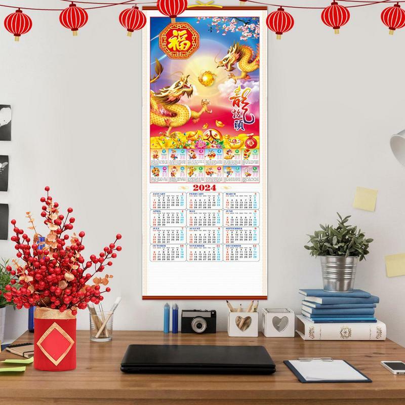 Dragon Year Wall Calendar, Creative Scroll for Spring Festival Decor, Escola e Casa, 2022