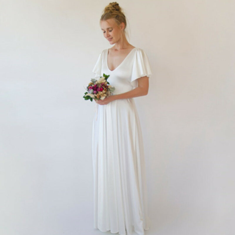 2024 минималистичное атласное простое свадебное платье цвета слоновой кости с коротким рукавом и V-образным вырезом трапециевидной формы длиной до пола женское платье для сада