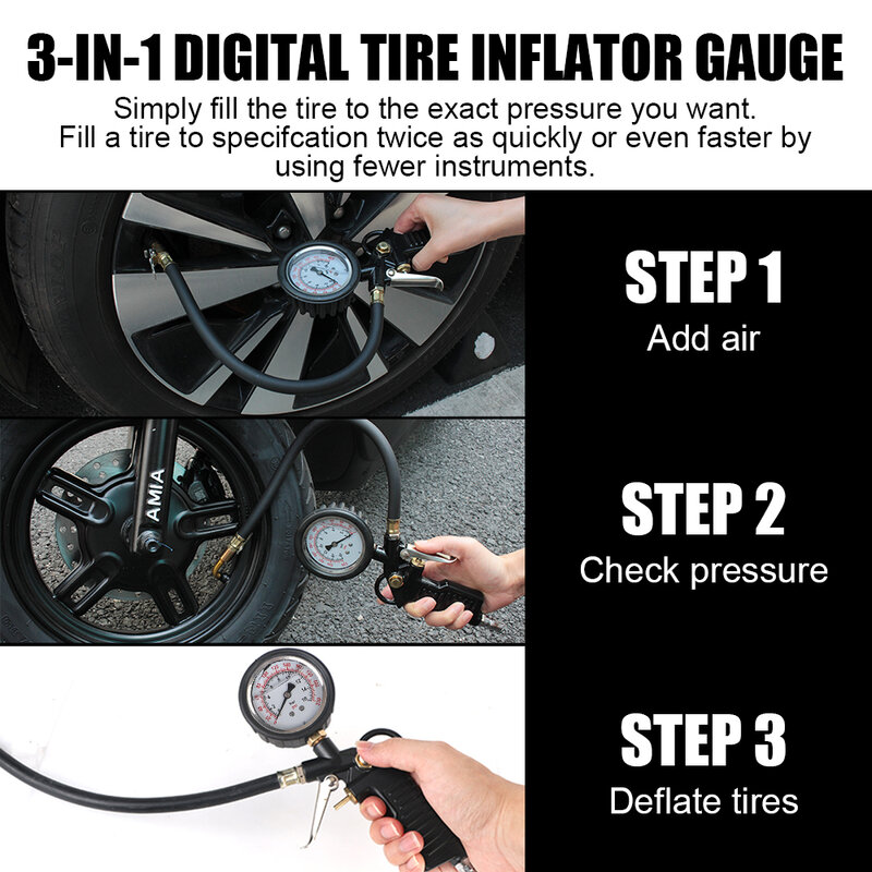 Medidor de pressão dos pneus da motocicleta Medidor digital Imersão de óleo Exibição do ponteiro Medidor de teste de pneu com bicos de mangueira Inflator