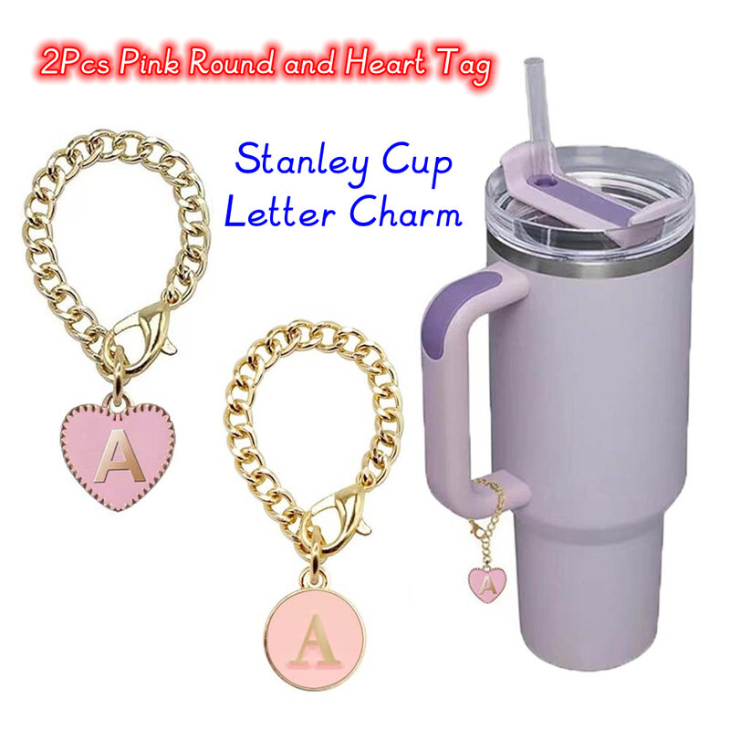 New 2Pcs Letter Charm Accessories Pink Heart Shaped Personalized Name ID Round Handle Initial Charms Tag For Stanley Cup Tumbler