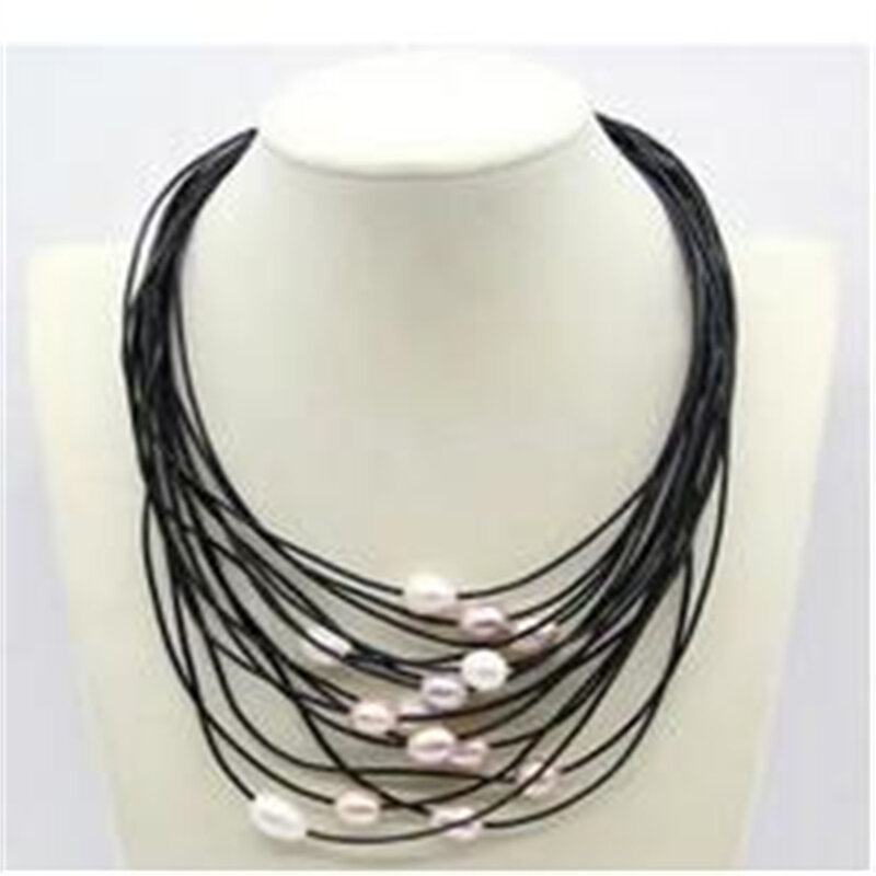Collar de cuerda de perlas de cuero, 15 filas, 10-12 MM, artesanía de 16 "-22", FERMOIR magnético