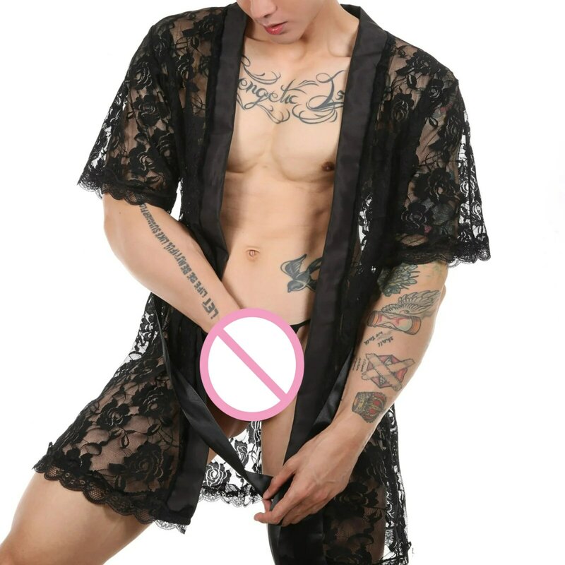 Bata de baño Sexy transparente con cinturón de malla de encaje para hombre, pijama de Tanga, bata larga transparente, ropa de playa