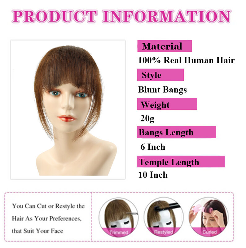 Frange de cheveux humains à clipser sur le front, extensions de cheveux naturels, noir, marron, blond, 8 pouces, 20g, 3 clips