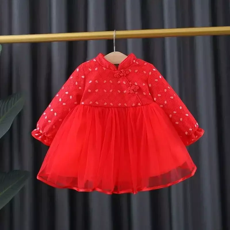 Baby Clothing Velvet Thickening Girl Red Tang Suit Winter Traditional Chinese New Year Hanfu Princess Dress Children's Cheongsam