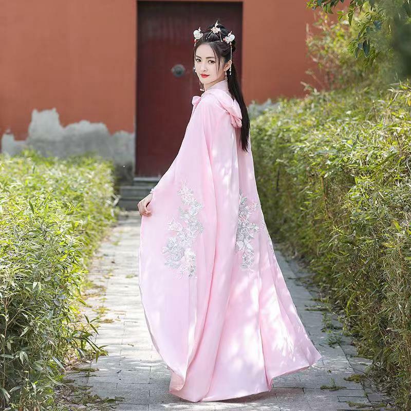 핑크 중국 한푸 망토, 여성 소녀 빈티지 따뜻한 시크 자수 후드 케이프 코트, 고대 코스프레 공주 외투