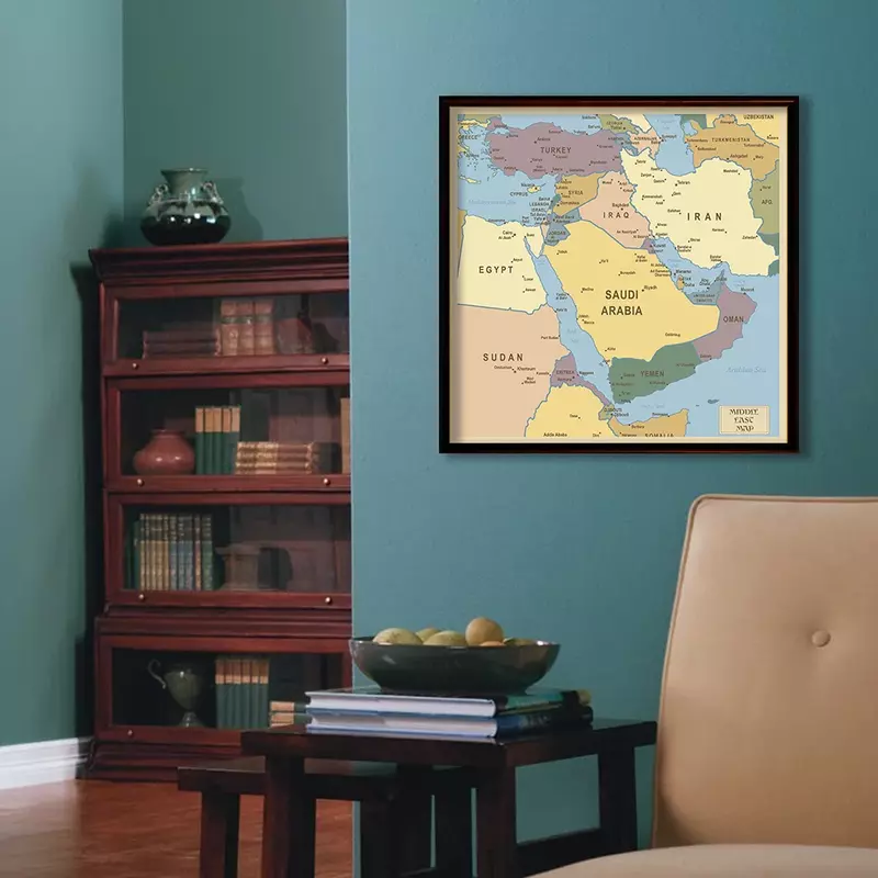 60*60Cm Peta Distribusi Politik Timur Tengah Poster Seni Dinding Peta Lukisan Kanvas Dekorasi Rumah Perlengkapan Sekolah Perjalanan