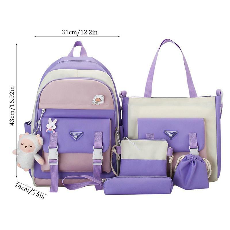 Ransel estetika 5 buah ransel Kawaii Set tas sekolah kapasitas besar dengan aksesoris Kawaii tas perjalanan siswa untuk anak perempuan