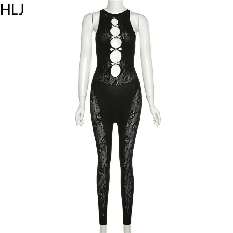 HLJ Sexy Mesh Perspective Hollow Out Bodycon Jumpsuits Women Round Neck Sleeveless Slim Playsuit Fashion Print Nightclub Overall