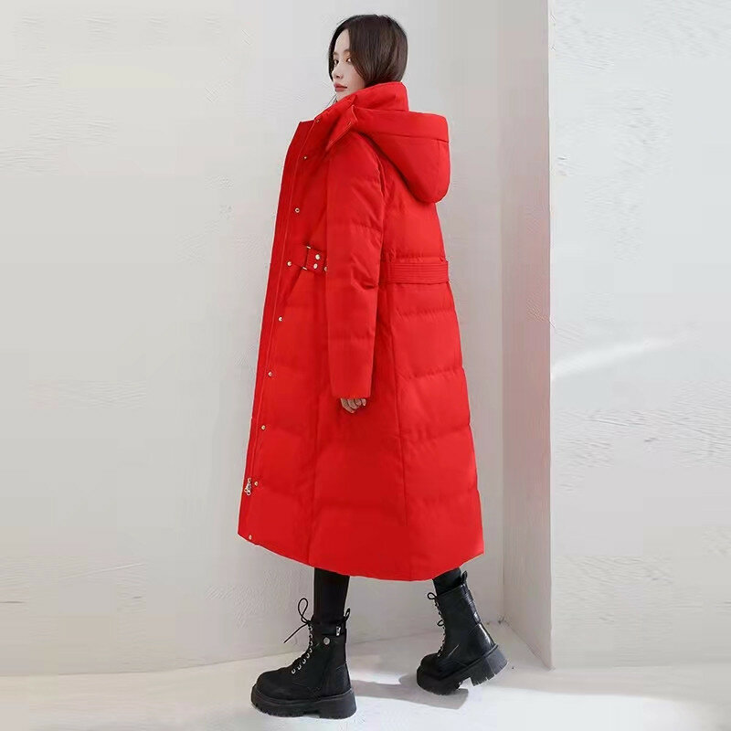 Женская зимняя куртка на утином пуху, черная или красная ветрозащитная длинная теплая куртка с капюшоном, 2022