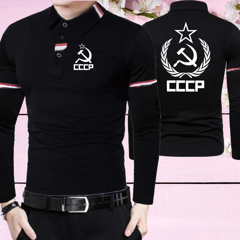 Kraag Lange Mouw Mode Polo Shirt En Najaar Cccp Print Mannen T-shirt Casual Kraag Mode Top