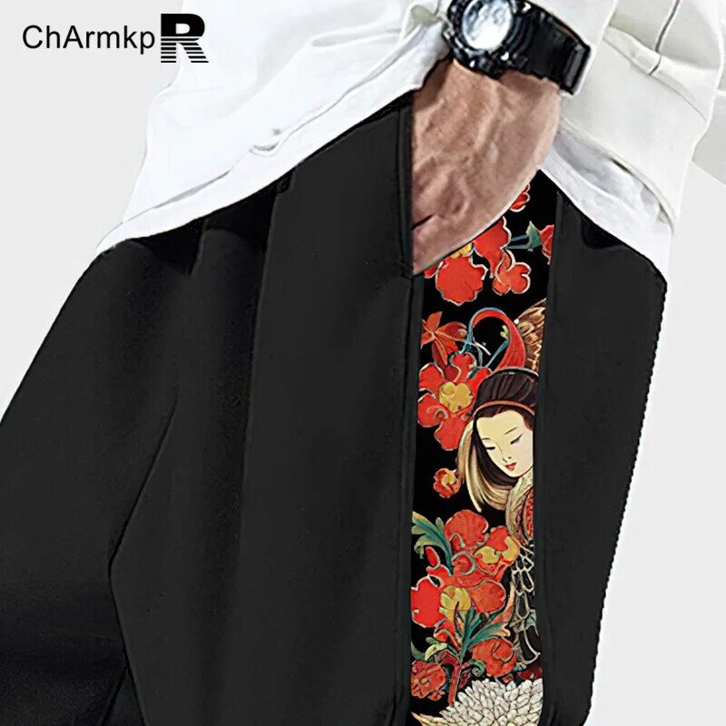 ChArmkpR Oversized 2024 lato wiosna męskie spodnie kwiatowy z nadrukiem z jednej strony Patchwork luźne spodnie dresowe długie spodnie Streetwear S-2XL