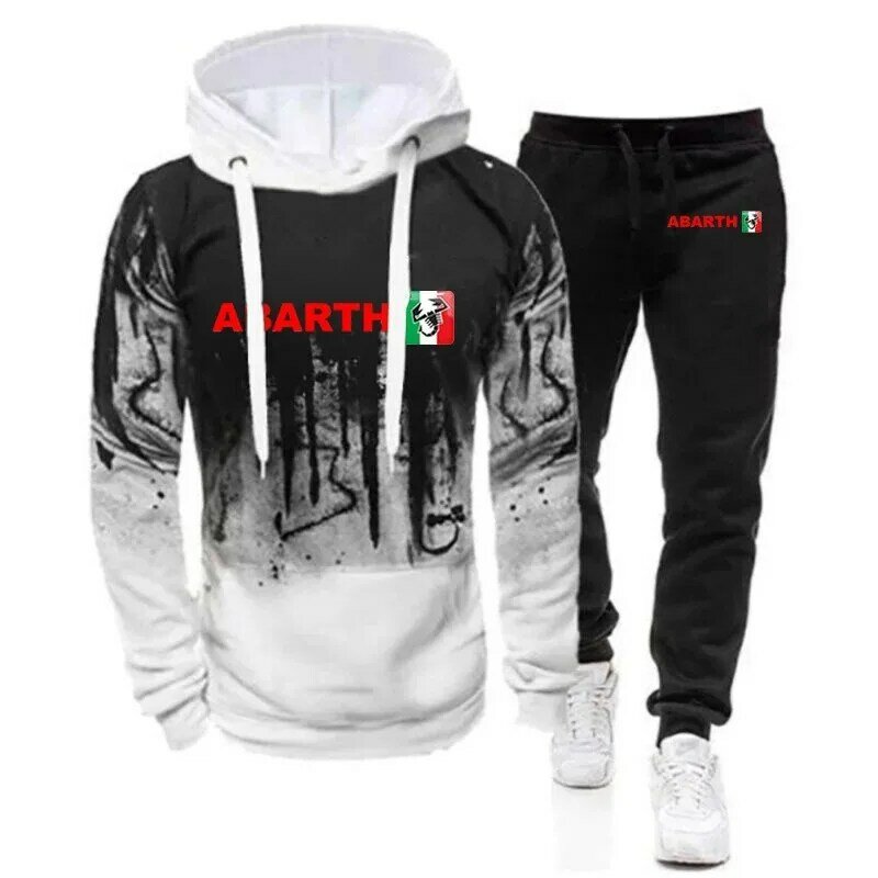 2024 Abarth Men's Brand Spring And Autumn Fashion Hooded Hoodies + Sweatpant Casual New Gradient Color Two Pieces Set