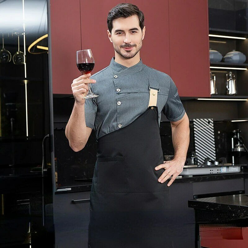Men Grey Chef Coat Logo short Sleeve Chef Jacket Apron for Summer Head Chef Uniform Restaurant Hotel Kitchen Cooking Clothes