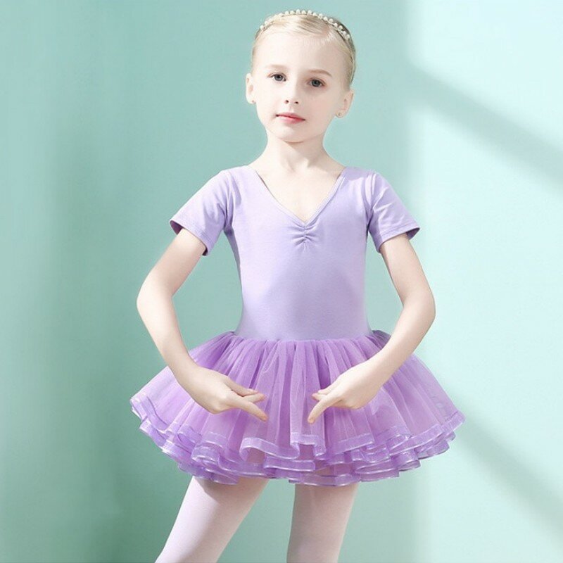 Балетное платье для девочек, детская тренировочная юбка, Детский костюм, трико для гимнастики, пачка, одежда для классических танцев, с коротким рукавом
