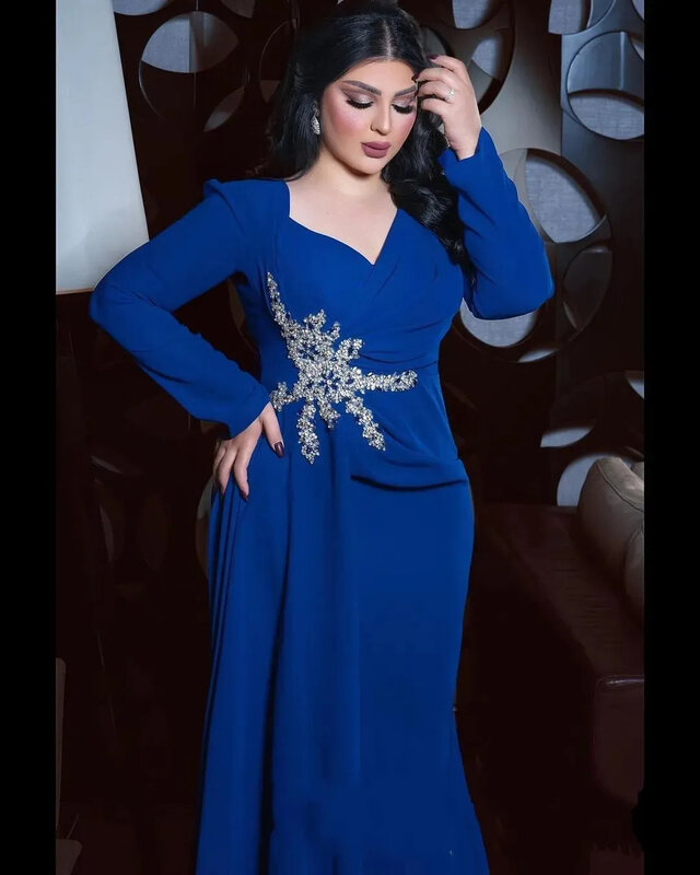Dubái vestido de graduación de Arabia Saudita, Azul Real, cuello en V, apliques de cuentas, vestidos de noche Occaion especiales, manga larga, talla grande, ropa Formal