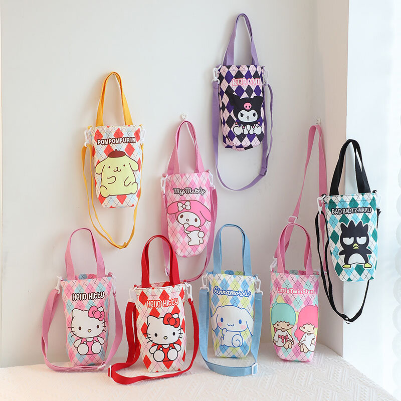 Kawaii Sanrio Hello Kitty borsa per bottiglia d'acqua Cute Anime Figure Kuromi Pochacco Canvas Mug Bags Crossbody Tote Girls Gift giocattoli per bambini