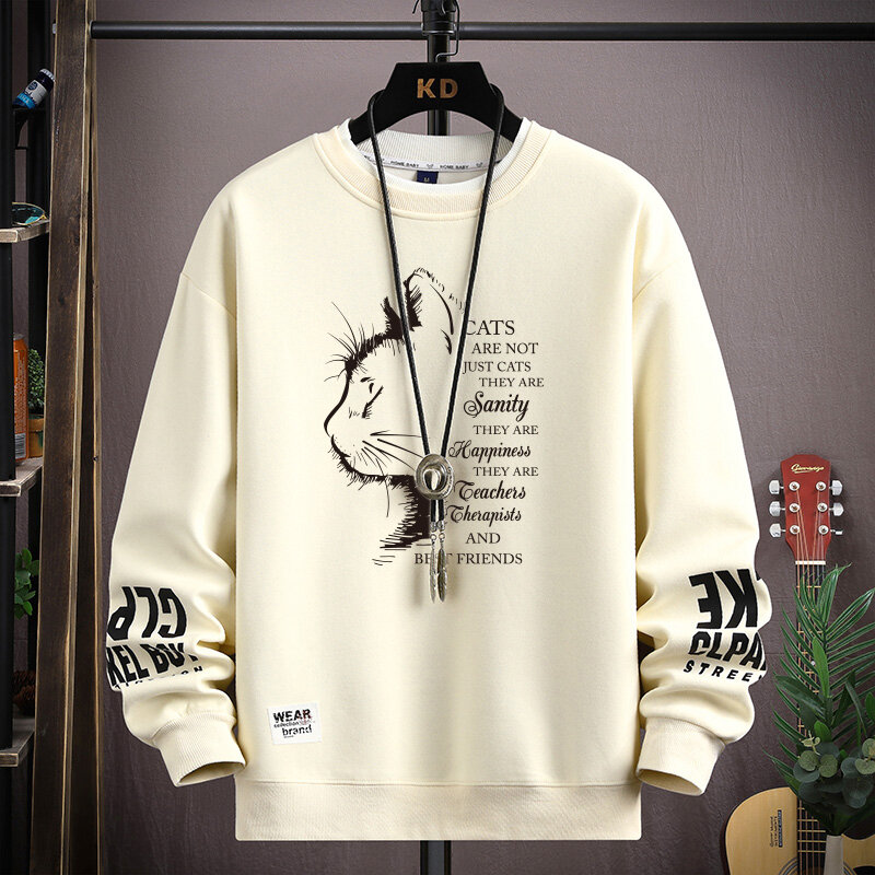 남성용 맨투맨 스케치 고양이 프린트 긴팔 티셔츠, 패션 의류, 블랙 O넥 하라주쿠 독점 디자인 상의, 가을