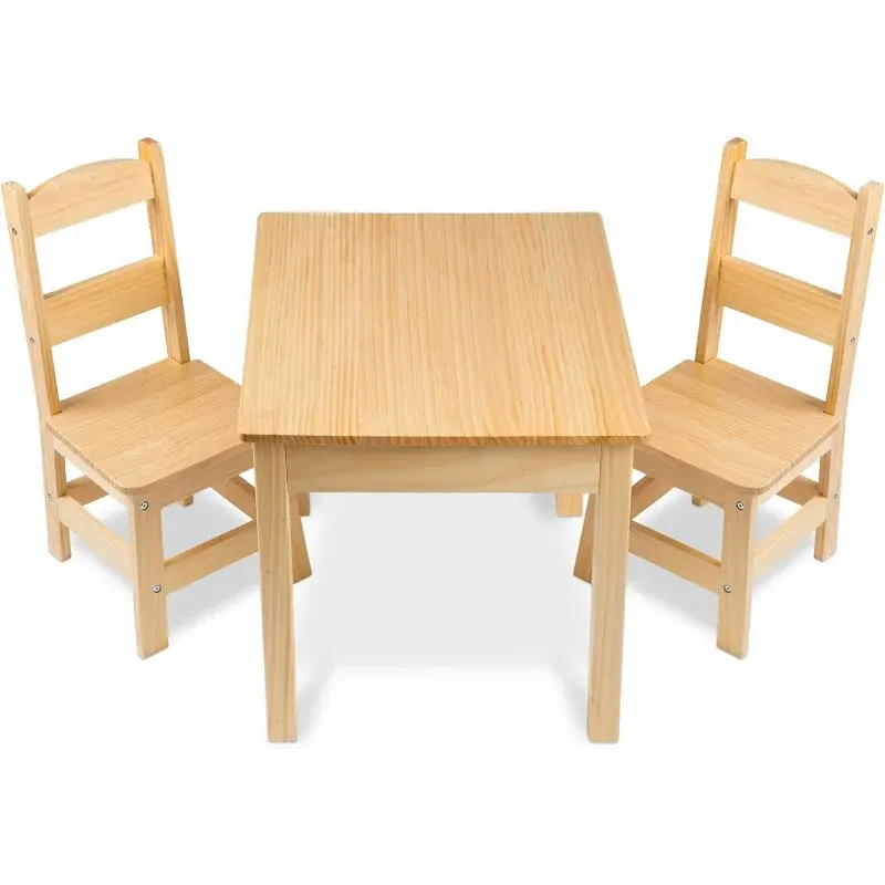 Solid Wood Table and 2 Chairs Set - Light Finish Furniture for Playroom, Blonde/ White