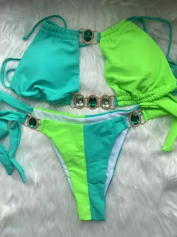 Splicing Halter diamentowe Bikini 2024 brazylijskie damskie kostium kąpielowy damski stroje kąpielowe Сolorblock Bikini zestaw drążony kostium kąpielowy