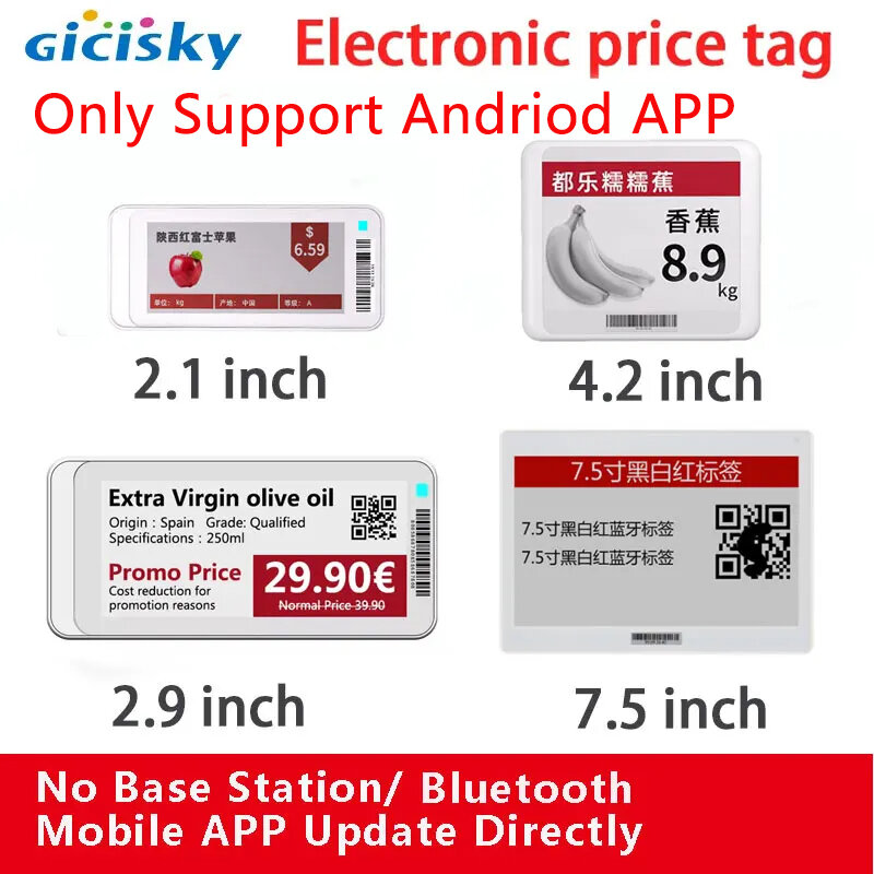 Gicisky Eletrônico Preço Tag Display Card, Tela Eink, Versão Bluetooth, Andriod App Operar Software, 2.1 ", 2.9", 4.2 ", 7.5"